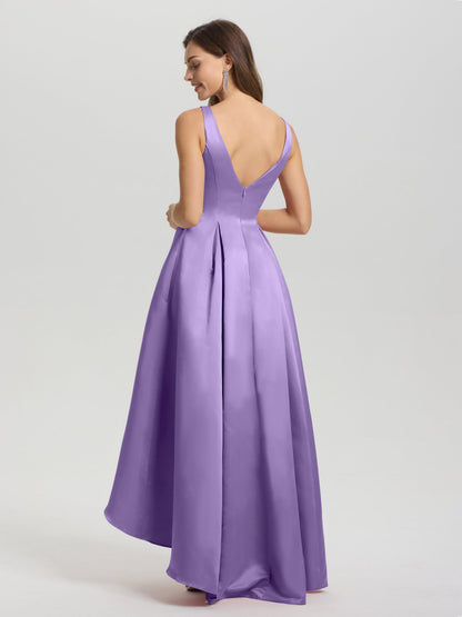 A-Line Sleeveless High Low Satin Bodice V-Back Bridesmaid Dress
