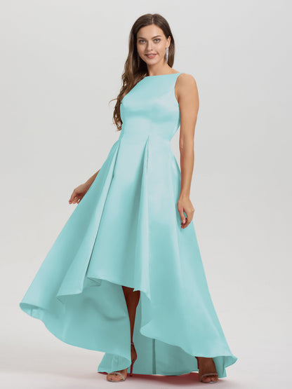 A-Line Sleeveless High Low Satin Bodice V-Back Bridesmaid Dress