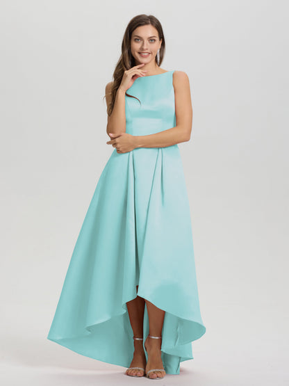 A-Line Sleeveless High Low Satin Bodice V-Back Bridesmaid Dress