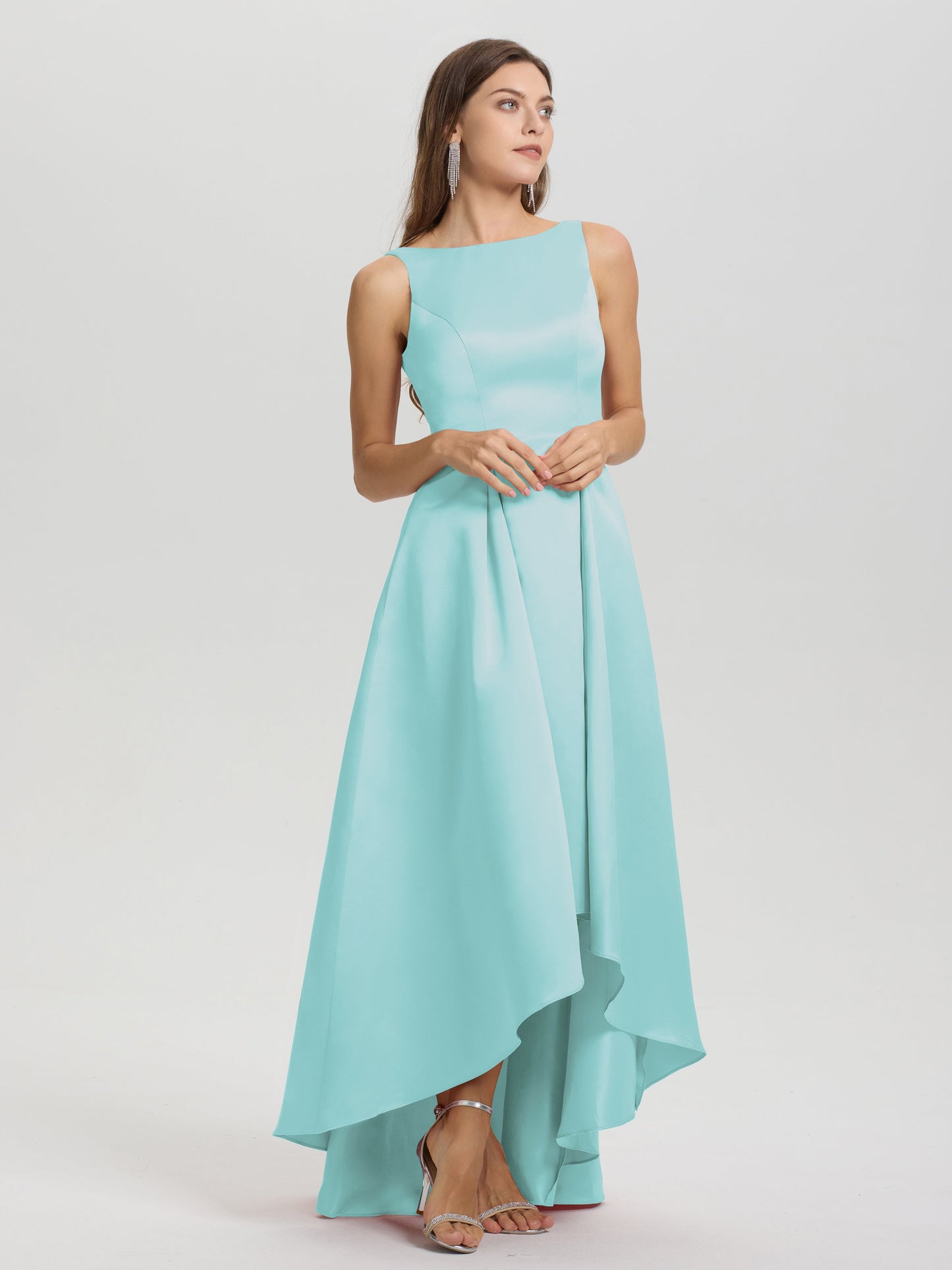 A-Line Sleeveless High Low Satin Bodice V-Back Bridesmaid Dress