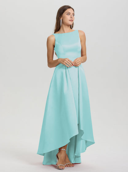 A-Line Sleeveless High Low Satin Bodice V-Back Bridesmaid Dress