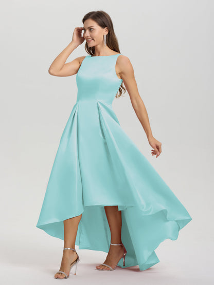 A-Line Sleeveless High Low Satin Bodice V-Back Bridesmaid Dress