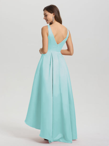 A-Line Sleeveless High Low Satin Bodice V-Back Bridesmaid Dress