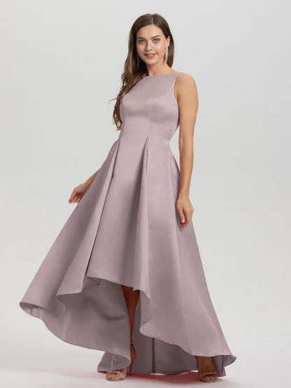 A-Line Sleeveless High Low Satin Bodice V-Back Bridesmaid Dress