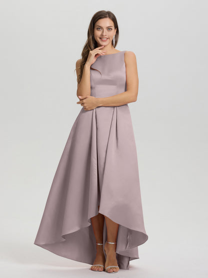 A-Line Sleeveless High Low Satin Bodice V-Back Bridesmaid Dress