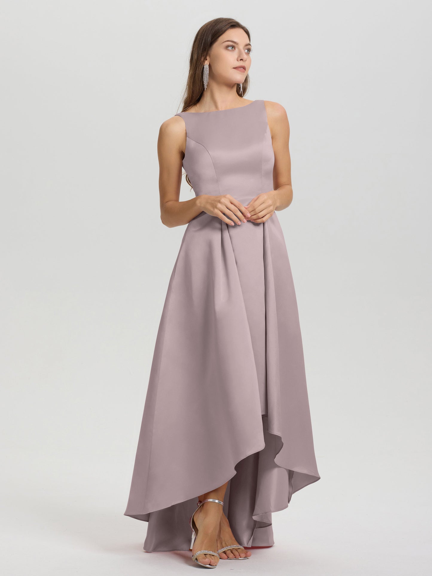 A-Line Sleeveless High Low Satin Bodice V-Back Bridesmaid Dress