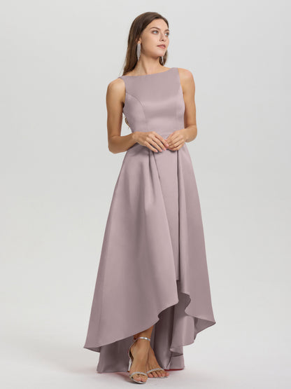 A-Line Sleeveless High Low Satin Bodice V-Back Bridesmaid Dress