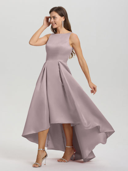 A-Line Sleeveless High Low Satin Bodice V-Back Bridesmaid Dress