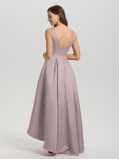 A-Line Sleeveless High Low Satin Bodice V-Back Bridesmaid Dress