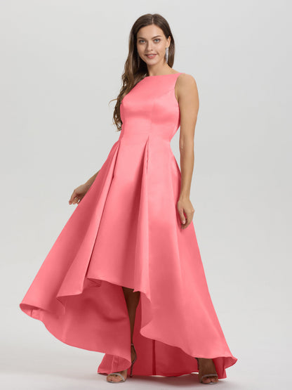 A-Line Sleeveless High Low Satin Bodice V-Back Bridesmaid Dress