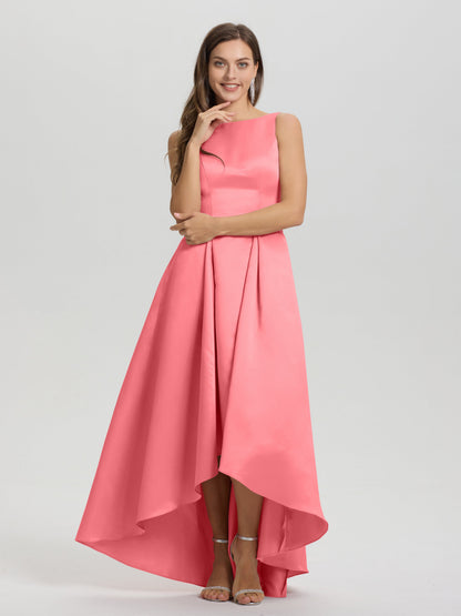 A-Line Sleeveless High Low Satin Bodice V-Back Bridesmaid Dress