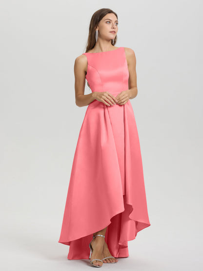 A-Line Sleeveless High Low Satin Bodice V-Back Bridesmaid Dress