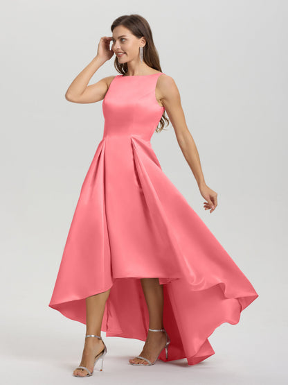 A-Line Sleeveless High Low Satin Bodice V-Back Bridesmaid Dress