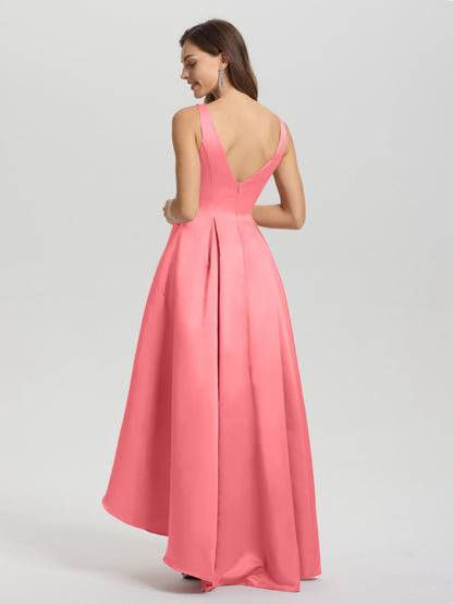 A-Line Sleeveless High Low Satin Bodice V-Back Bridesmaid Dress