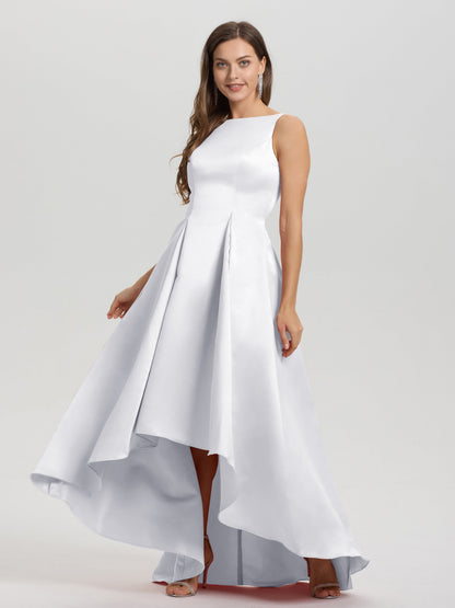 A-Line Sleeveless High Low Satin Bodice V-Back Bridesmaid Dress