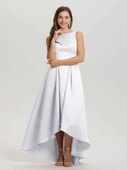A-Line Sleeveless High Low Satin Bodice V-Back Bridesmaid Dress
