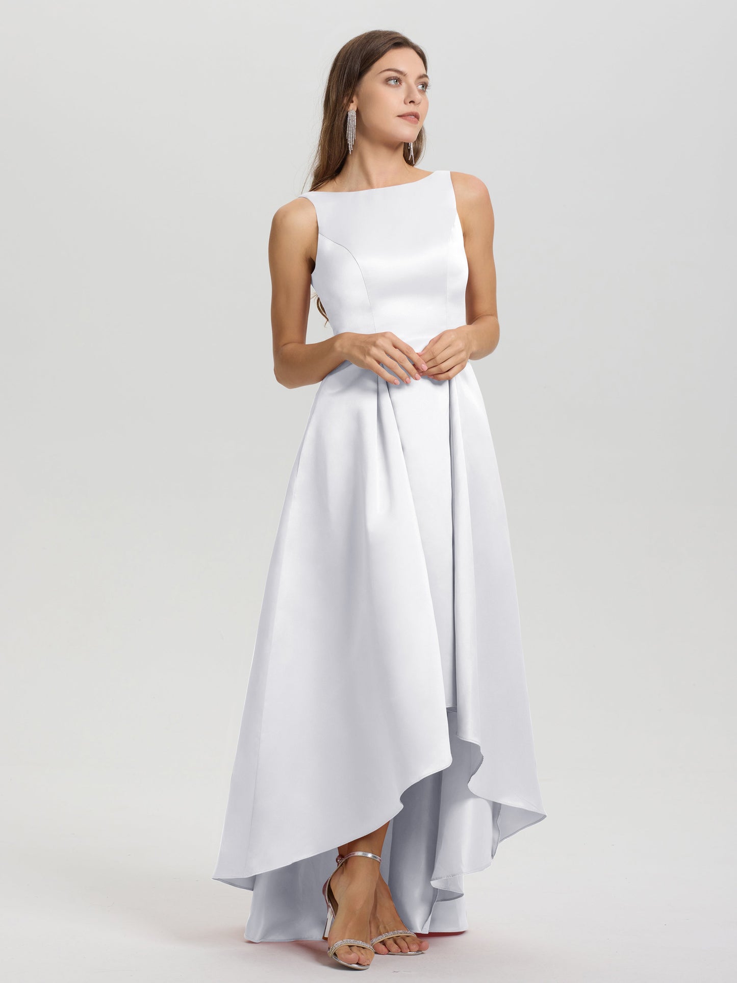 A-Line Sleeveless High Low Satin Bodice V-Back Bridesmaid Dress