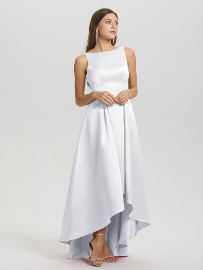 A-Line Sleeveless High Low Satin Bodice V-Back Bridesmaid Dress