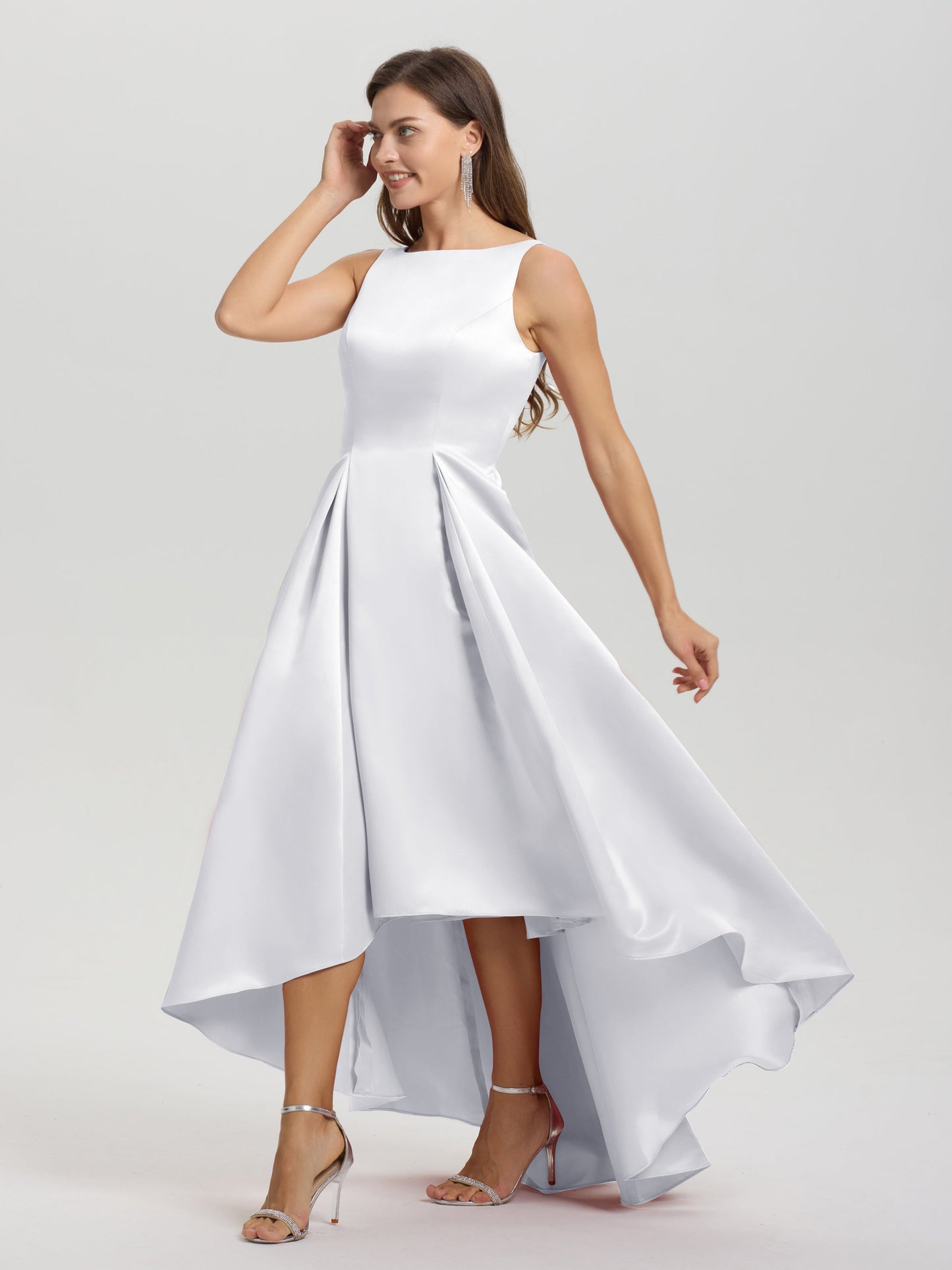 A-Line Sleeveless High Low Satin Bodice V-Back Bridesmaid Dress