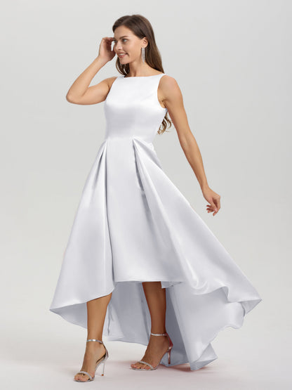 A-Line Sleeveless High Low Satin Bodice V-Back Bridesmaid Dress