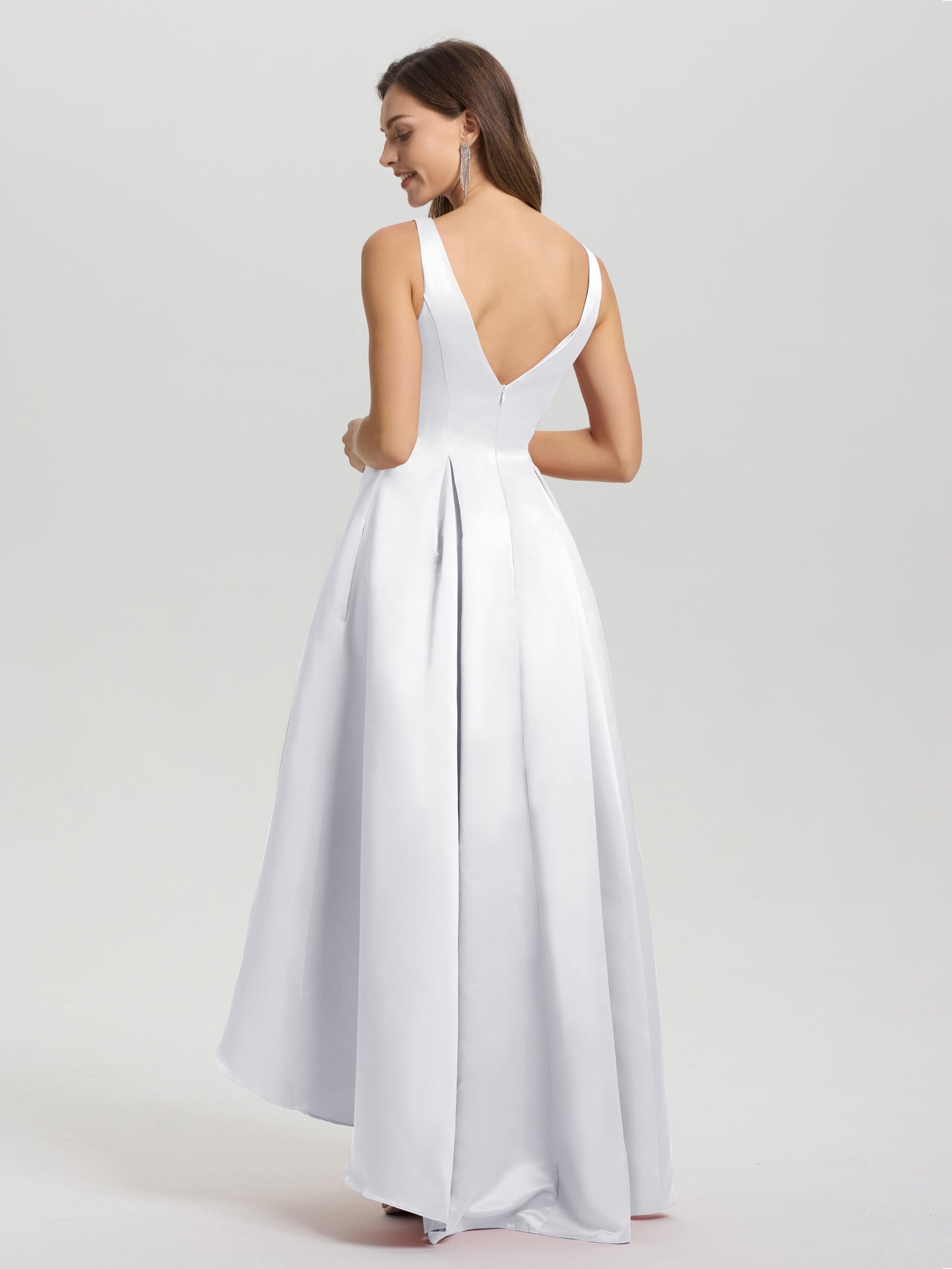 A-Line Sleeveless High Low Satin Bodice V-Back Bridesmaid Dress