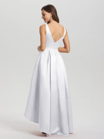 A-Line Sleeveless High Low Satin Bodice V-Back Bridesmaid Dress