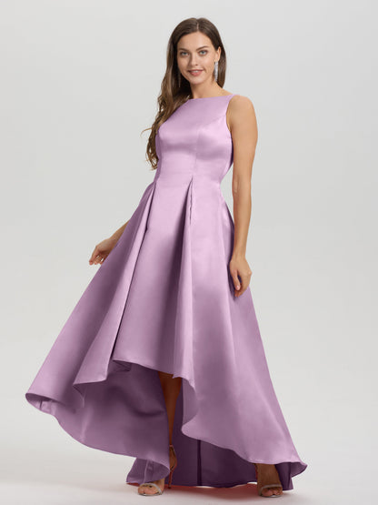A-Line Sleeveless High Low Satin Bodice V-Back Bridesmaid Dress