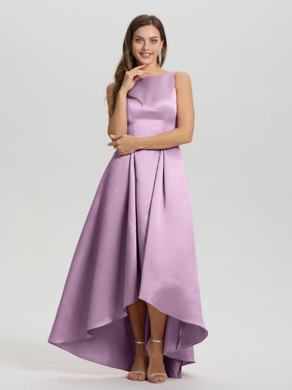 A-Line Sleeveless High Low Satin Bodice V-Back Bridesmaid Dress