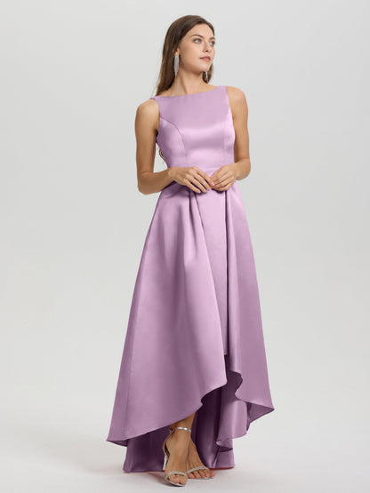 A-Line Sleeveless High Low Satin Bodice V-Back Bridesmaid Dress