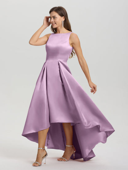 A-Line Sleeveless High Low Satin Bodice V-Back Bridesmaid Dress