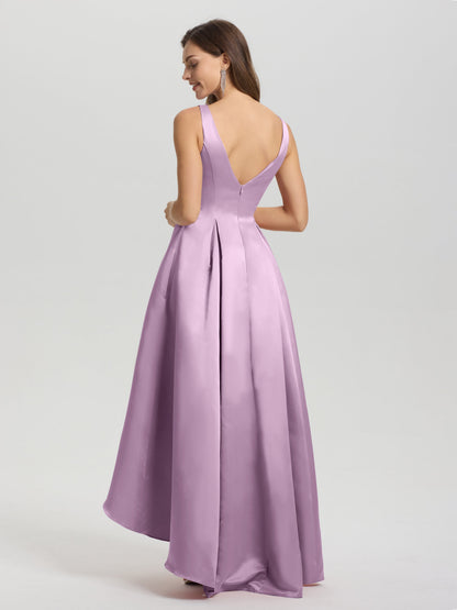 A-Line Sleeveless High Low Satin Bodice V-Back Bridesmaid Dress
