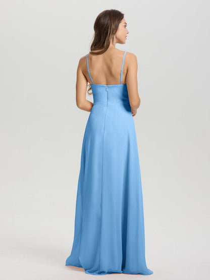 A-Line Spaghetti Straps V-Neck Floor Length Chiffon Bridesmaid Dress