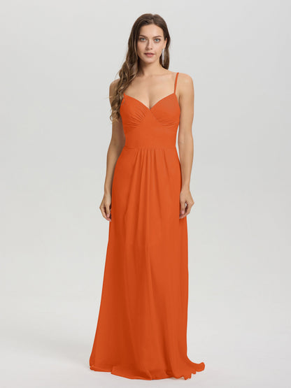 A-Line Spaghetti Straps V-Neck Floor Length Chiffon Bridesmaid Dress