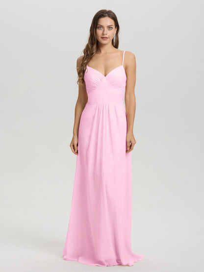 A-Line Spaghetti Straps V-Neck Floor Length Chiffon Bridesmaid Dress