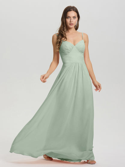 A-Line Spaghetti Straps V-Neck Floor Length Chiffon Bridesmaid Dress