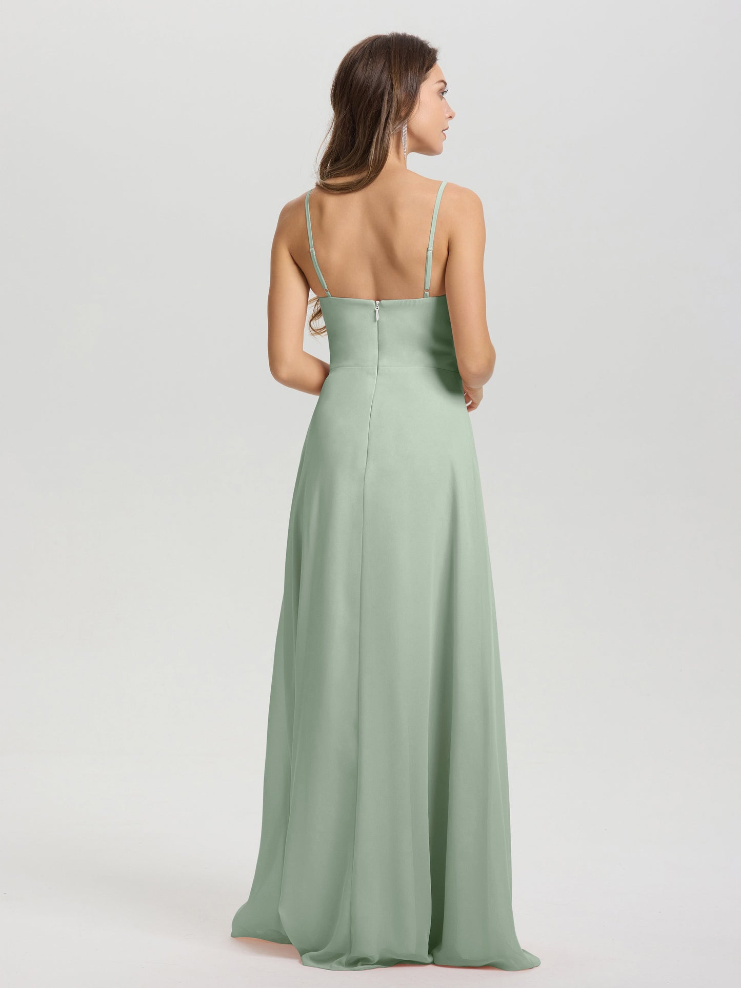 A-Line Spaghetti Straps V-Neck Floor Length Chiffon Bridesmaid Dress