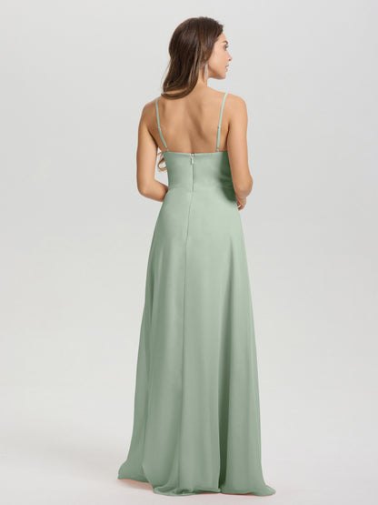 A-Line Spaghetti Straps V-Neck Floor Length Chiffon Bridesmaid Dress