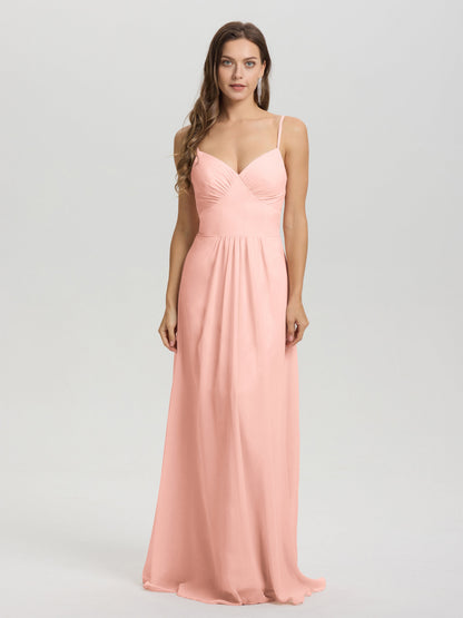 A-Line Spaghetti Straps V-Neck Floor Length Chiffon Bridesmaid Dress