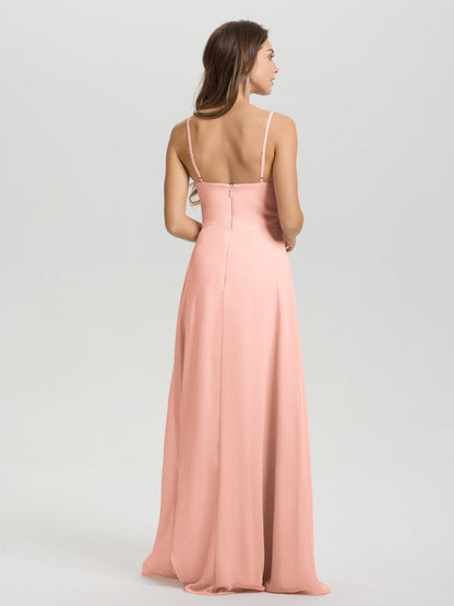 A-Line Spaghetti Straps V-Neck Floor Length Chiffon Bridesmaid Dress