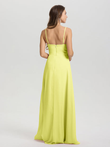 A-Line Spaghetti Straps V-Neck Floor Length Chiffon Bridesmaid Dress