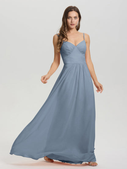 A-Line Spaghetti Straps V-Neck Floor Length Chiffon Bridesmaid Dress