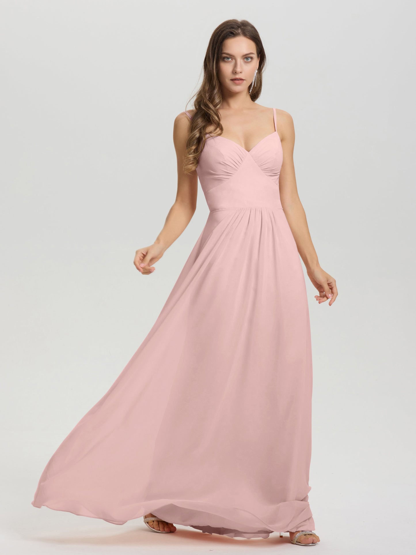 A-Line Spaghetti Straps V-Neck Floor Length Chiffon Bridesmaid Dress