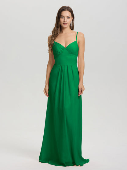 A-Line Spaghetti Straps V-Neck Floor Length Chiffon Bridesmaid Dress