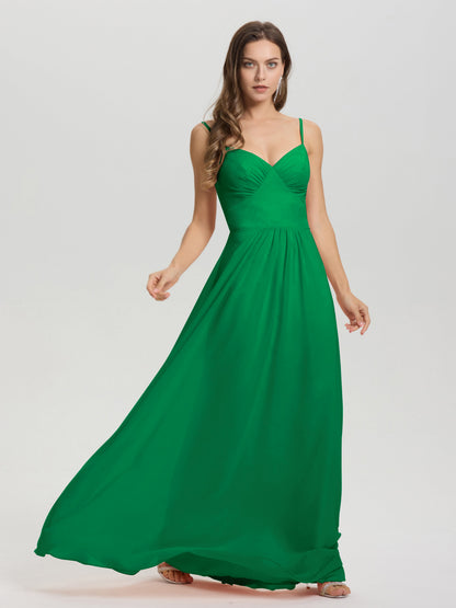 A-Line Spaghetti Straps V-Neck Floor Length Chiffon Bridesmaid Dress
