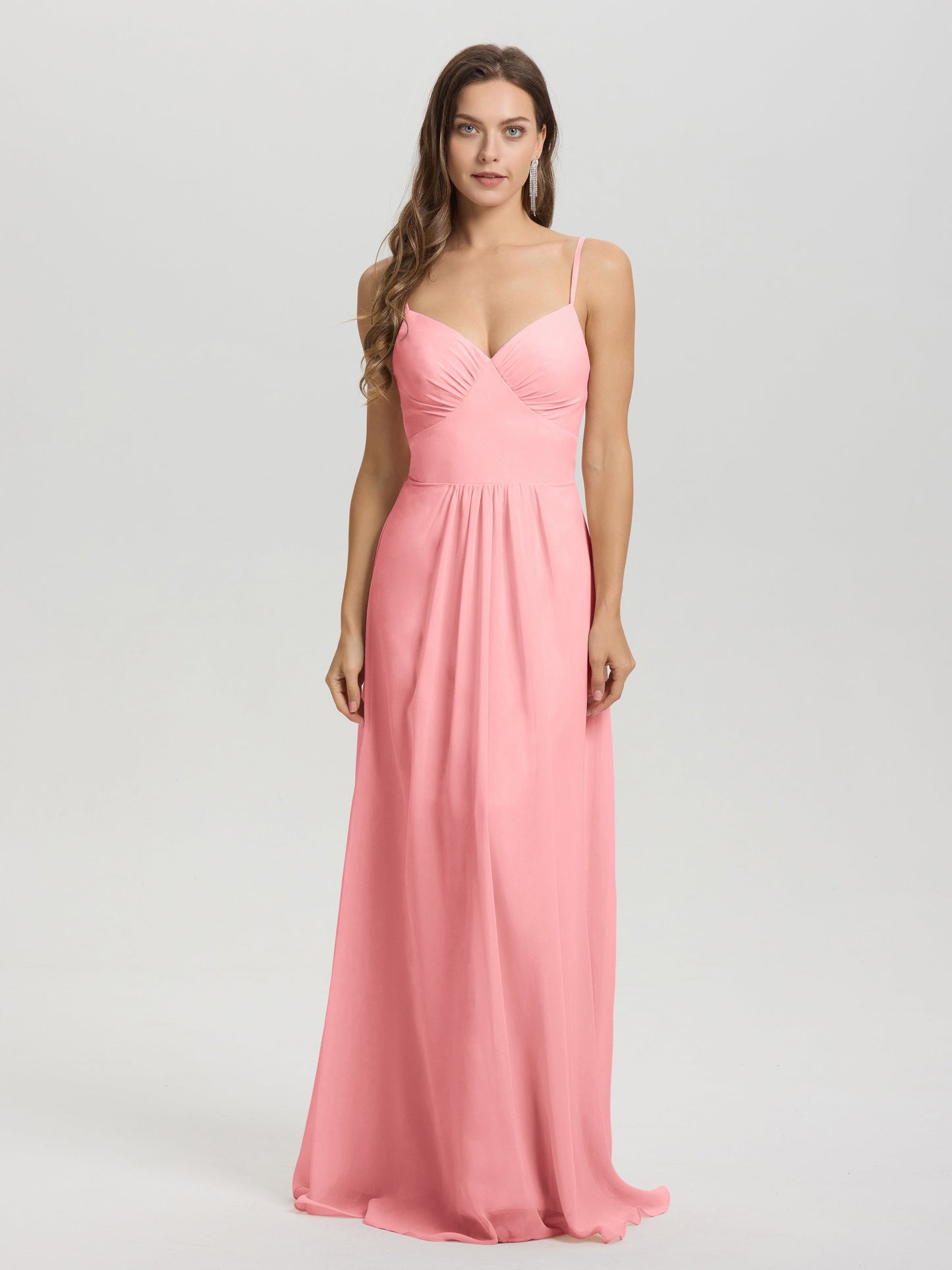 A-Line Spaghetti Straps V-Neck Floor Length Chiffon Bridesmaid Dress
