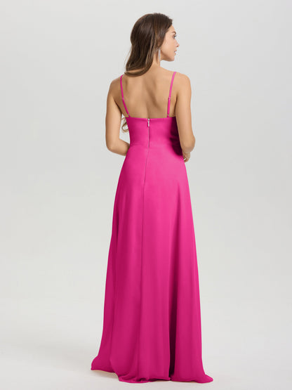 A-Line Spaghetti Straps V-Neck Floor Length Chiffon Bridesmaid Dress
