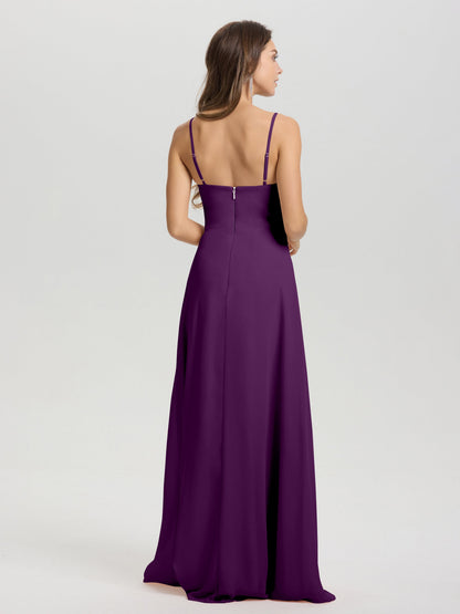 A-Line Spaghetti Straps V-Neck Floor Length Chiffon Bridesmaid Dress