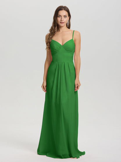 A-Line Spaghetti Straps V-Neck Floor Length Chiffon Bridesmaid Dress