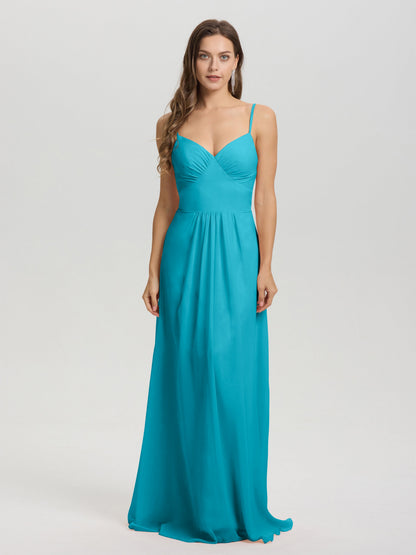 A-Line Spaghetti Straps V-Neck Floor Length Chiffon Bridesmaid Dress