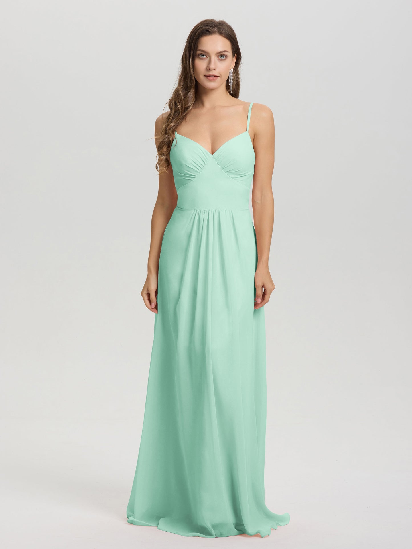 A-Line Spaghetti Straps V-Neck Floor Length Chiffon Bridesmaid Dress